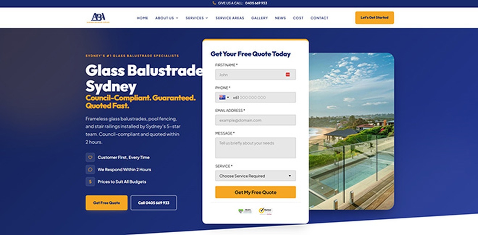 Redesigned local trade website with a clear quote request form, shown on desktop